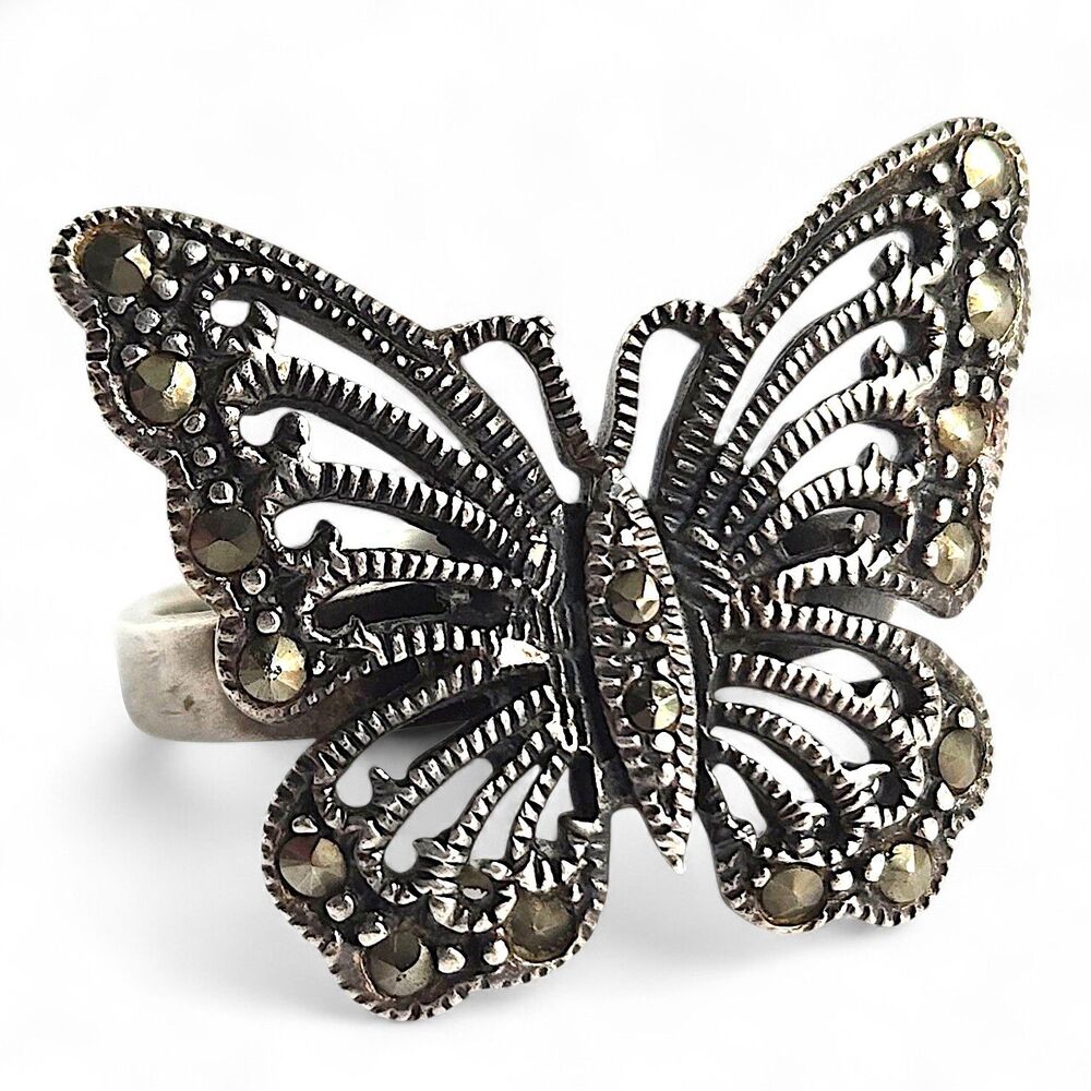 Vintage 925 Sterling Silver Marcasite Filigree Butterfly Ring Openwork Size 8